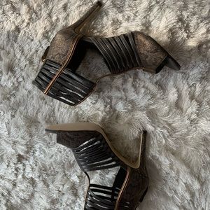 Strappy snake skin pattern heels